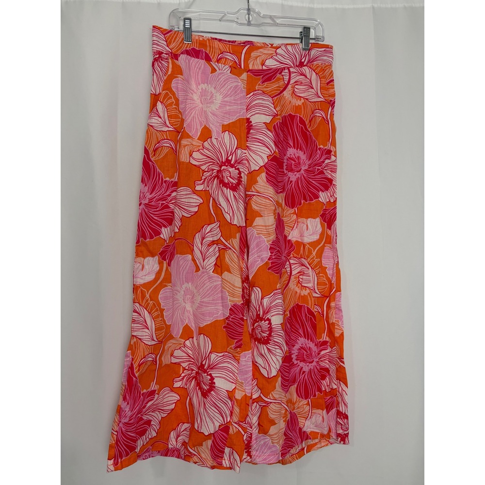 Rachel Zoe Orange Pink Floral 100% Linen Wide Leg Pants Womens Large Summer Boho